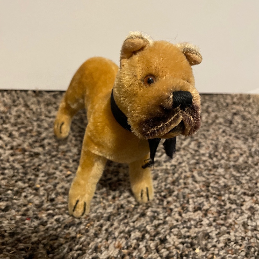 Vintage Steiff Boxer standing dog with bow mohair